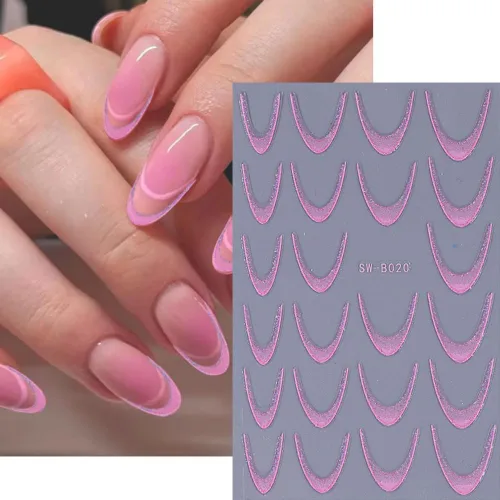 Vista 3 de Calcomanías de uñas de línea francesa, calcomanías de uñas de punta francesa con purpurina colorida 3D, autoadhesivas en 3D, puntas de uñas de línea