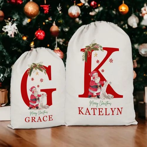 Vista 5 de Saco de Papá Noel personalizado con inicial y nombre para niños, bolsas de regalo de Navidad personalizadas para regalos de vacaciones, caja
