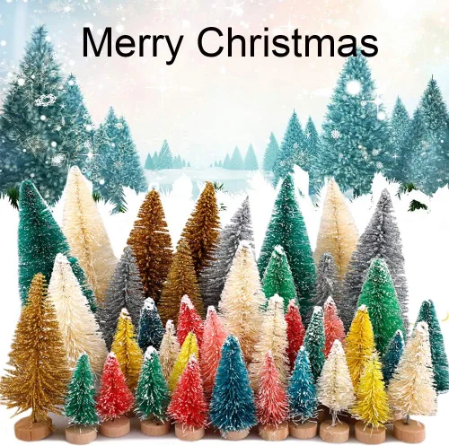 Vista 3 de 40 mini árbol de Navidad, mini árboles de sisal multicolor, árboles de cepillo para botellas, mini árboles artificiales con base de madera, árboles