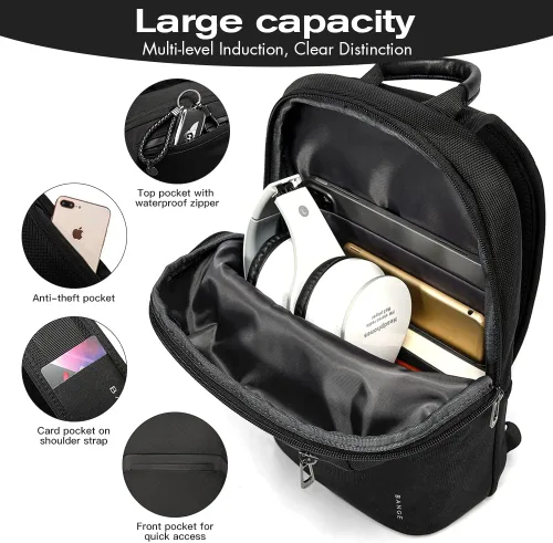 Vista 3 de Bange Bolso bandolera para hombre, impermeable, casual, bandolera, bolsa de hombro, mochila para el pecho para mujeres.., negro 7719