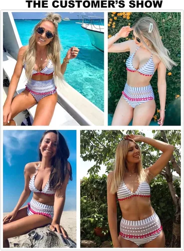 Vista 5 de Dokotoo Traje de baño de dos piezas de cintura alta para mujer con borla a rayas