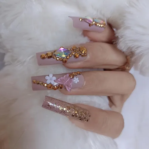 Vista 3 de Uñas postizas negras a presión con gemas de lujo, con diamantes de cristal, uñas postizas largas con barra de aguja, 24