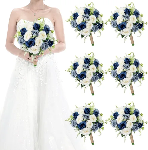Vista 26 de Ramos para dama de honor para boda - Ramo de flores artificiales de 7 pulgadas para fiesta, ceremonia, aniversario, centros de mesa para mesa de Azul