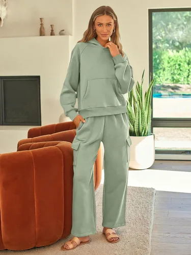 Vista 2 de AUTOMET Conjunto deportivo de 2 piezas para mujer, sudadera de manga larga con pantalones deportivos tipo cargo