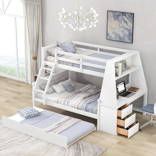 Vista 15 de Harper & Bright Designs - Litera con cama de tamaño individual sobre cama de tamaño matrimonial/individual, con 3 cajones, 4 espacios de Gris