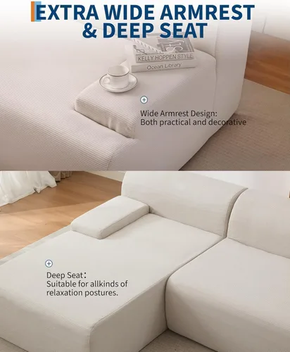 Vista 8 de Sofá deshuesado de 108 pulgadas, sofá seccional beige con diván izquierdo, combinación de diván comprimido al vacío, sofá modular en forma de L