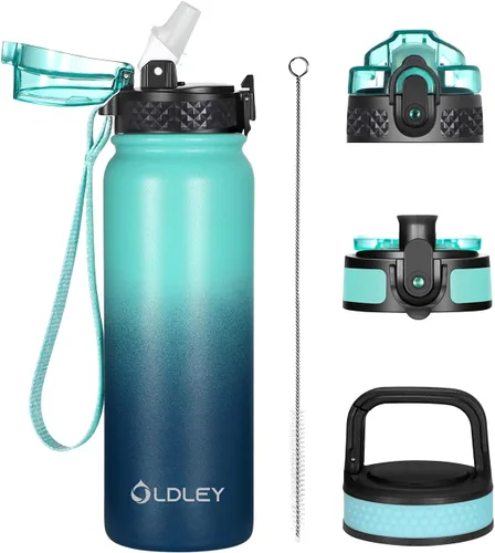 Vista 19 de Botella de agua aislada Oldley de 12 oz con pajita, botella de agua de acero inoxidable con 2 tapas, botellas de doble pared con vacío para adultos