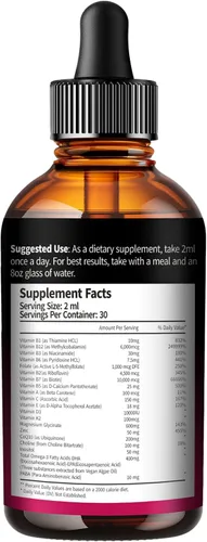 Vista 8 de VivoNu Gotas líquidas de complejo de vitamina B, vitamina B12 metilada de 6000 mcg, B1, B6, B3, B5, B2, folato, biotina con vitamina C D A E