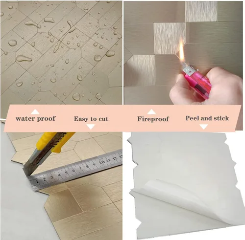 Vista 5 de XUANINY 7 hojas de azulejos metálicos para salpicaduras de muro, autoadhesivas, múltiples formas, mosaico de aluminio 3D, adhesivo de pared