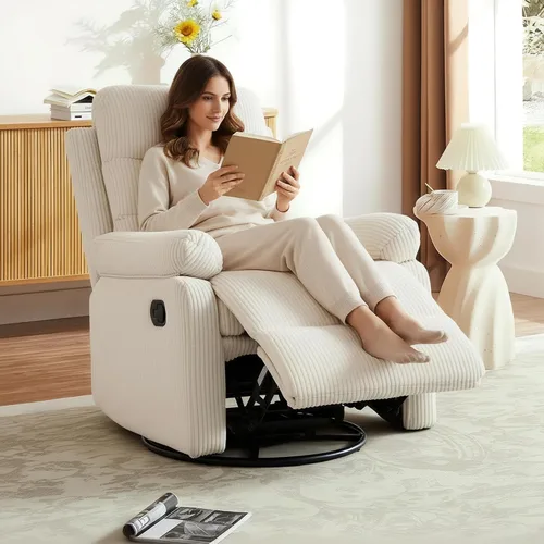 Vista 7 de Silla reclinable mecedora, moderna silla reclinable giratoria, sillón reclinable de tela de pana, sillón reclinable manual para sala de estar
