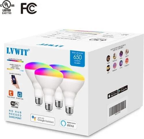 Vista 9 de LVWIT Bombillas inteligentes Alexa, BR30 equivalente a 60 W, LED inteligente E26, funciona con Google Assistant, aplicación Smart Life, aplicación