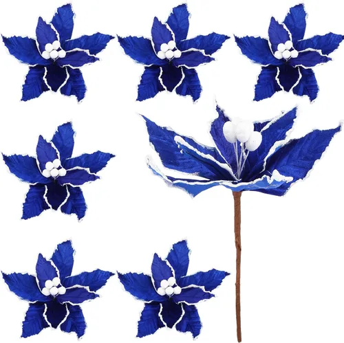 Vista 14 de Zeyune 6 Piezas Flores de Pascua Azules de Navidad Artificiales Grandes Espinas de Pascua Falsas Flores de Franela con Borde Helado para Adornos