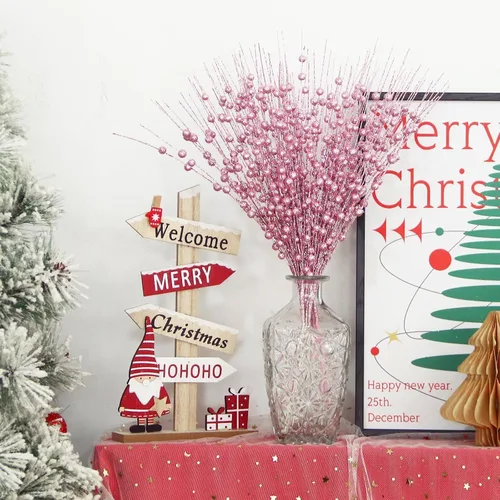 Vista 3 de 12 piezas de bayas artificiales con purpurina rosa, púas artificiales de Navidad con tallos de bayas para decoraciones de Navidad, palos falsos