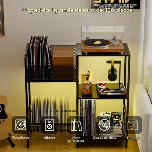 Vista 3 de Soporte para tocadiscos con luz LED, soporte para tocadiscos con almacenamiento de vinilo para más de 300 álbumes, gabinete multimedia de 3 niveles