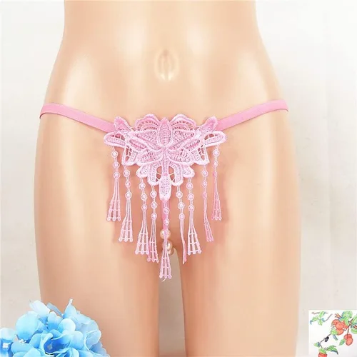 Vista 7 de Tangas de encaje sexy con borlas de perlas para mujer, ropa interior de tiro bajo con espalda en T
