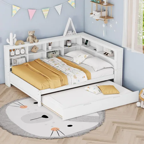 Vista 19 de Sofá cama de madera de tamaño matrimonial con 2 armarios de noche, estantes superiores y 4 cajones, marco de madera resistente, espacio de Marrón