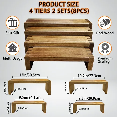 Vista 2 de 8 soportes de exhibición de madera, juego de 2 unidades, estante rectangular de especias de 4 niveles para alimentos, postres, soporte para tartas