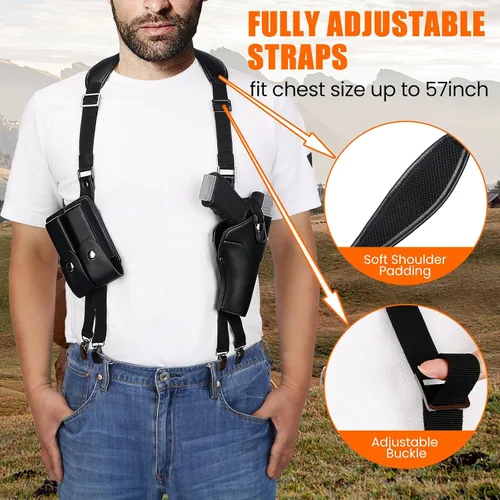 Vista 3 de Funda de Hombro para Transporte Oculto, Yigerlee Funda de Pistola Ajustable Vertical con Doble Funda para Cargadores, Hecha de Cuero de Microfibra