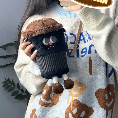 Vista 2 de Bolso cruzado de felpa para niñas, monederos de felpa, monederos kawaii, bolso de hombro para mujer, regalos de cumpleaños, café