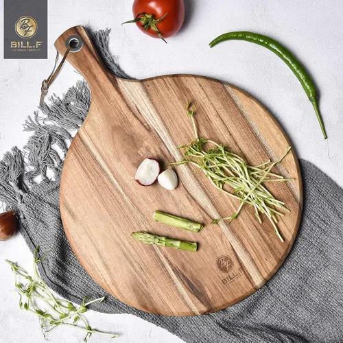 Vista 5 de BILL.F Pala para Pizza de Madera de Acacia, Tabla de Cortar de 10", Tabla de Paddle para Queso, Bandeja de Pan y Galletas para Servir y Preparación