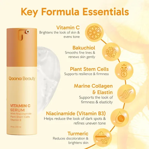 Vista 4 de Qaana - Suero facial súper vitamina C para pieles maduras: fórmula hidratante antienvejecimiento 7 en uno con vitamina C, ácido hialurónico