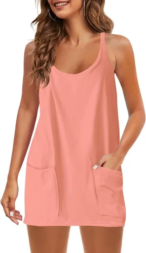 Vista 7 de Nirovien Vestido de tenis para mujer, mini vestido de entrenamiento con pantalones cortos, sin mangas, tirantes delgados, vestidos atléticos de golf
