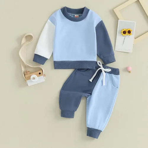 Vista 2 de Thorn Tree Conjunto de sudadera de manga larga para niños pequeños, 2 piezas, para otoño e invierno Conjunto de manga azul y blanco
