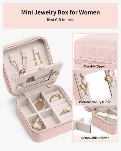 Vista 3 de Vlando Joyero de viaje, estuche organizador de viaje pequeño para niñas y mujeres, espejo rosa, paquete de 6