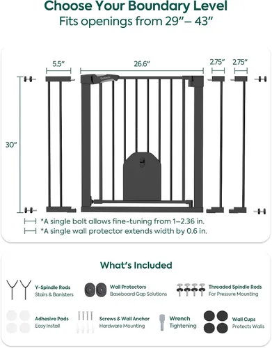 Vista 5 de Babelio - Puerta de seguridad con cierre automático para bebés con puerta para gatos, puerta de metal de 73-109 cm para puertas, escaleras, casa