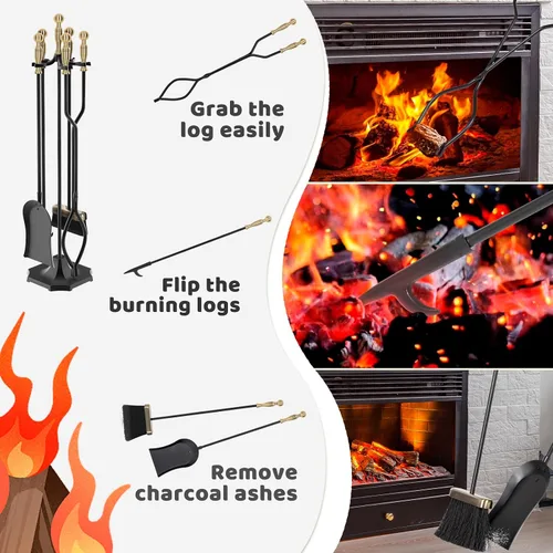 Vista 4 de Juego de 5 herramientas para chimenea de 31 pulgadas, herramientas de hierro forjado con mango ergonómico, juego de accesorios para chimenea incluye