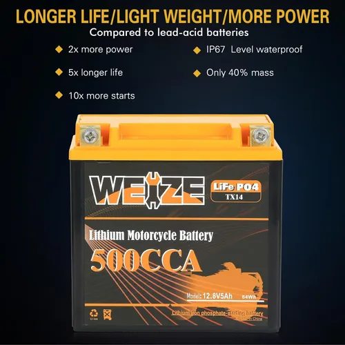 Vista 6 de Weize Batería de litio YTX14-BS, grupo 14, 500A LiFePO4 para motocicleta, 12V 5AH ATV, UTV, moto acuática, 4 ruedas, motos de nieve, embarcaciones