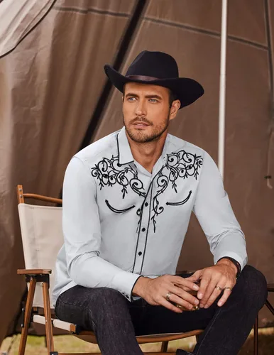 Vista 2 de Coofandy Camisa de hombre de manga larga ajustada con bordado casual de botón