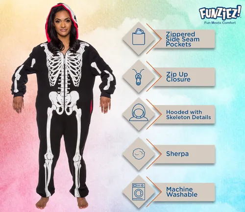 Vista 4 de Funziez! Mameluco de esqueleto que brilla en la oscuridad para adultos, disfraz de Halloween, traje de cosplay de una pieza de felpa para adultos