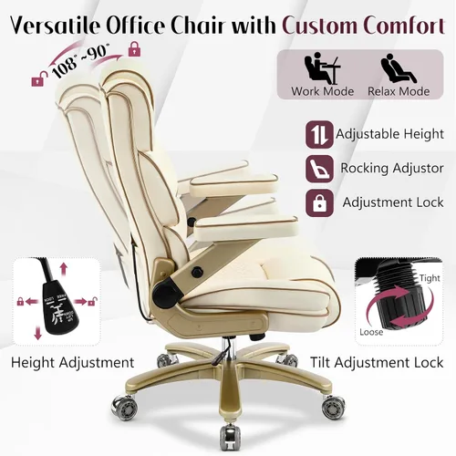Vista 4 de Silla de oficina grande y alta, 500 libras, reposabrazos 5D, silla ejecutiva de cuero resistente con asiento cómodo, lumbar ajustable, respaldo Beige