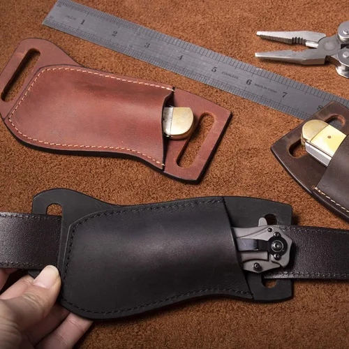 Vista 8 de Gentlestache Funda de cuero para cuchillo de bolsillo para cinturón, funda plegable para cuchillo, funda para cinturón EDC, color negro compacto