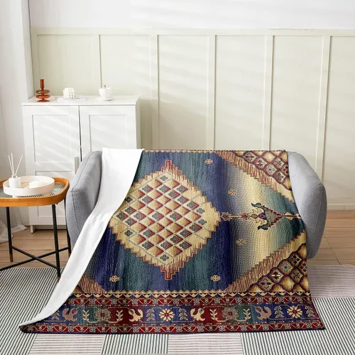 Vista 2 de Erosebridal Manta Bohemia de Tiro 40x50 Pulgadas, Retro Azul Amarillo Degradado Rojo Floral Bohemio Tribal de Vellón, Vintage Antiguo Enrejado
