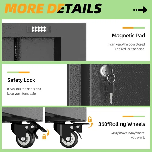 Vista 7 de Metal Garage Cabinet with 4 Wheels,4 Door Black Metal Storage with Lock,71" H Tool Storage Cabinets with Adjustable Shelves for Utility Negro
