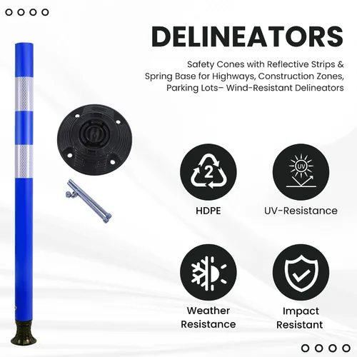 Vista 6 de OrangeStar Paquete de 8 conos de tráfico azules con base de resorte, postes de delineador de 48 pulgadas con rayas reflectantes para seguridad vial