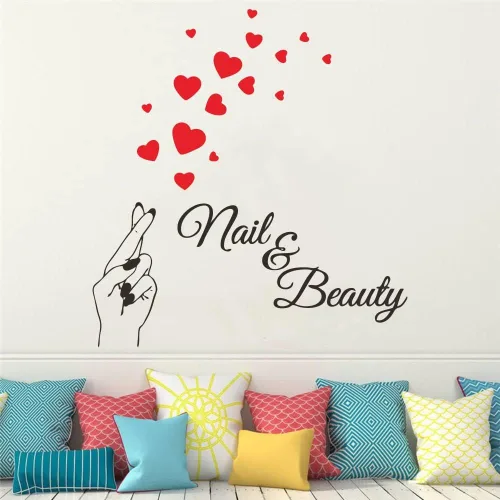 Vista 8 de JWH181 - Adhesivo para pared de uñas y salón de belleza, hermosos dedos y corazones rojos, arte de pared extraíble de PVC para barra de esmalte
