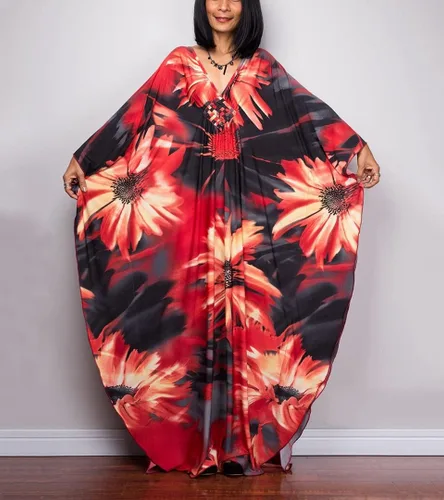 Vista 3 de Vestidos caftán para mujer con cuello ondulado, vestido de caftán, vestido de playa largo de gran