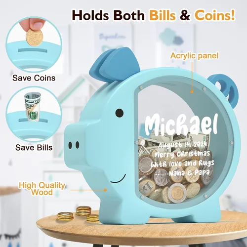 Vista 4 de Summidate Alcancía de madera para niños, niñas, niños y adultos, grandes facturas irrompibles, cambio de monedas, tarro de ahorro de dinero, regalo