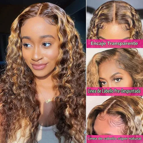 Vista 2 de Pelucas de cabello humano con encaje frontal lacio HD transparentes de 13 x 4, color degradado Ombre, onda profunda de 4/27, pelucas de encaje
