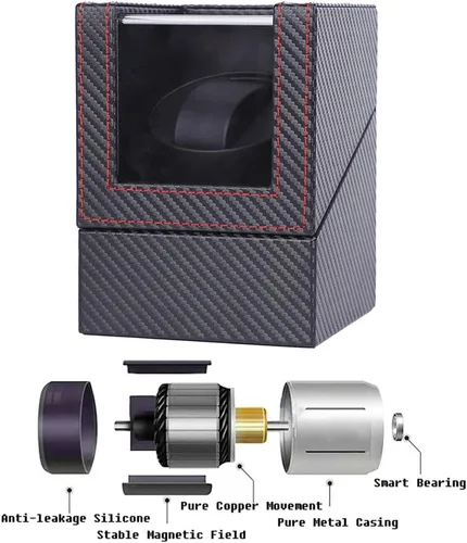 Vista 3 de Bobinadora automática de un solo reloj, en carcasa de madera y cuero negrocuero de fibra de carbono, motor japonés