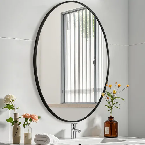 Vista 13 de Espejo ovalado negro para baño, espejo de baño ovalado de 22 x 30 pulgadas con marco de metal cepillado, espejo de tocador decorativo montado