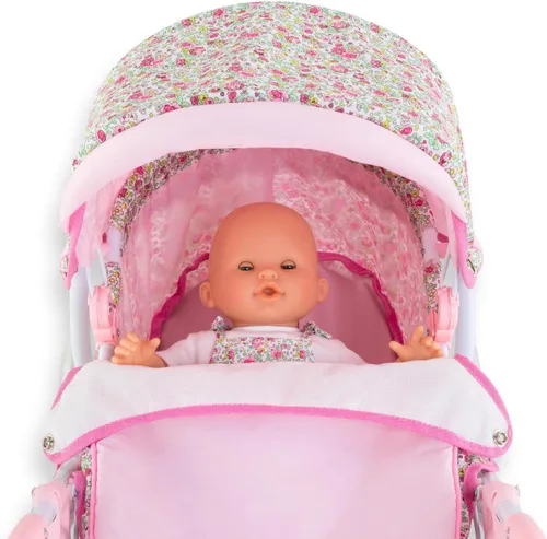 Vista 6 de Corolle Cochecito de muñeca de bebé para niñas, cochecito de bebé plegable de juguete para muñecas con diseño de carro, cochecito rosa