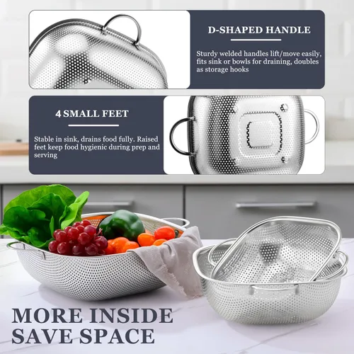 Vista 5 de E-far Paquete de 3 coladores para cocina, colador cuadrado de metal de acero inoxidable con asa para drenar alimentos, pasta, verduras