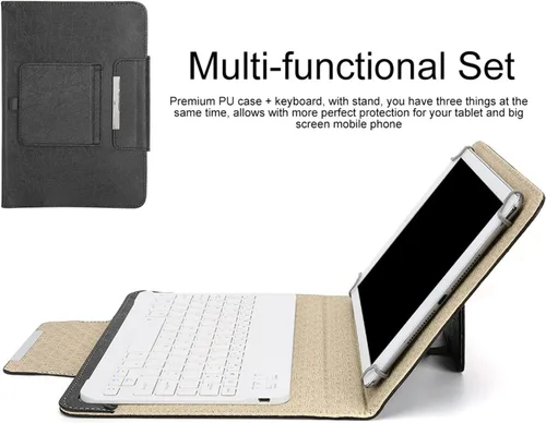 Vista 4 de Teclado Bluetooth con funda de poliuretano para Android/para teléfono inteligente iOS, teclado Bluetooth con funda abatible y soporte para tableta