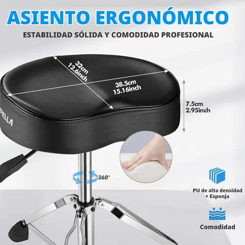 Vista 2 de Banco de tambor de sillín, trono de batería hidráulico de servicio pesado, asiento de batería de espuma viscoelástica ergonómico, silla de batería