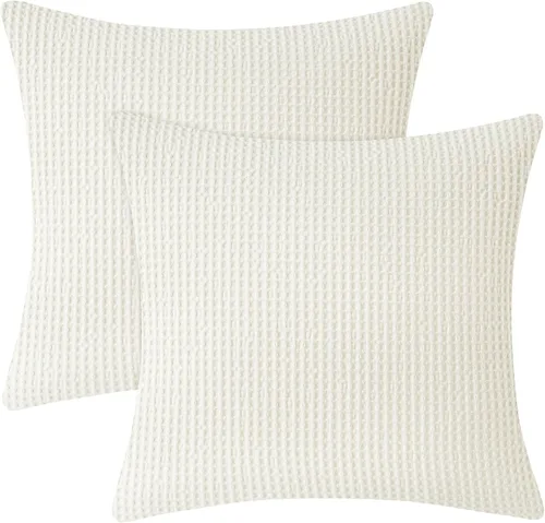 Vista 8 de PHF - Fundas de almohada de algodón de punto gofre, 24 x 24 pulgadas, color crema, sin relleno 100% Cotton Waffle Weave Texture Decorative Square