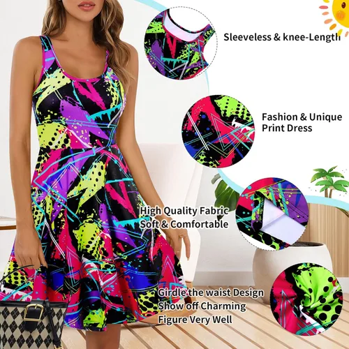 Vista 5 de uideazone - Vestido de mujer sin mangas cuello redondo de verano, para playa, casual, Midi línea A.